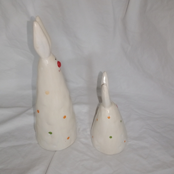 Vintage Easter Clay Bunny Rabbits Polka Dot Primitive Set of 2 Holiday Decor Art - Picture 4 of 11